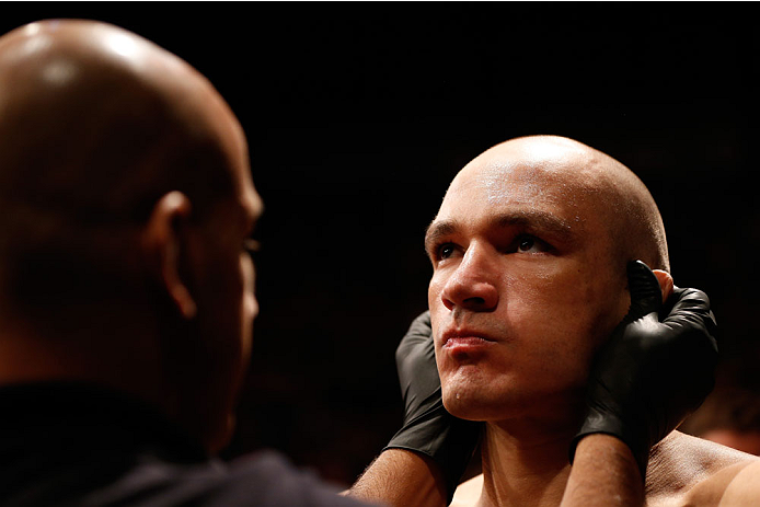 SAO PAULO, BRAZIL - MAY 31:  Vitor Miranda prepares to enter the Octagon before his heavyweight fight against Antonio Carlos Junior during the UFC Fight Night event at the Ginasio do Ibirapuera on May 31, 2014 in Sao Paulo, Brazil. (Photo by Josh Hedges/Z