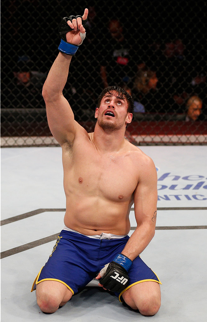 SAO PAULO, BRAZIL - MAY 31:  Antonio Carlos Junior celebrates after the conclusion of his heavyweight fight against Vitor Miranda during the UFC Fight Night event at the Ginasio do Ibirapuera on May 31, 2014 in Sao Paulo, Brazil. (Photo by Josh Hedges/Zuf