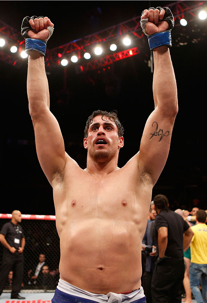 SAO PAULO, BRAZIL - MAY 31:  Antonio Carlos Junior celebrates after the conclusion of his heavyweight fight against Vitor Miranda during the UFC Fight Night event at the Ginasio do Ibirapuera on May 31, 2014 in Sao Paulo, Brazil. (Photo by Josh Hedges/Zuf