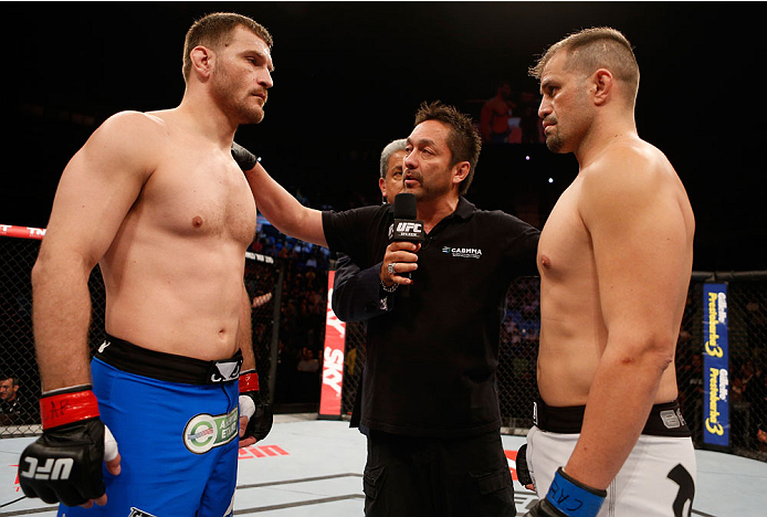 SAO PAULO, BRAZIL - MAY 31:  (L-R) Opponents Stipe Miocic and Fabio Maldonado face off before their heavyweight fight during the UFC Fight Night event at the Ginasio do Ibirapuera on May 31, 2014 in Sao Paulo, Brazil. (Photo by Josh Hedges/Zuffa LLC/Zuffa