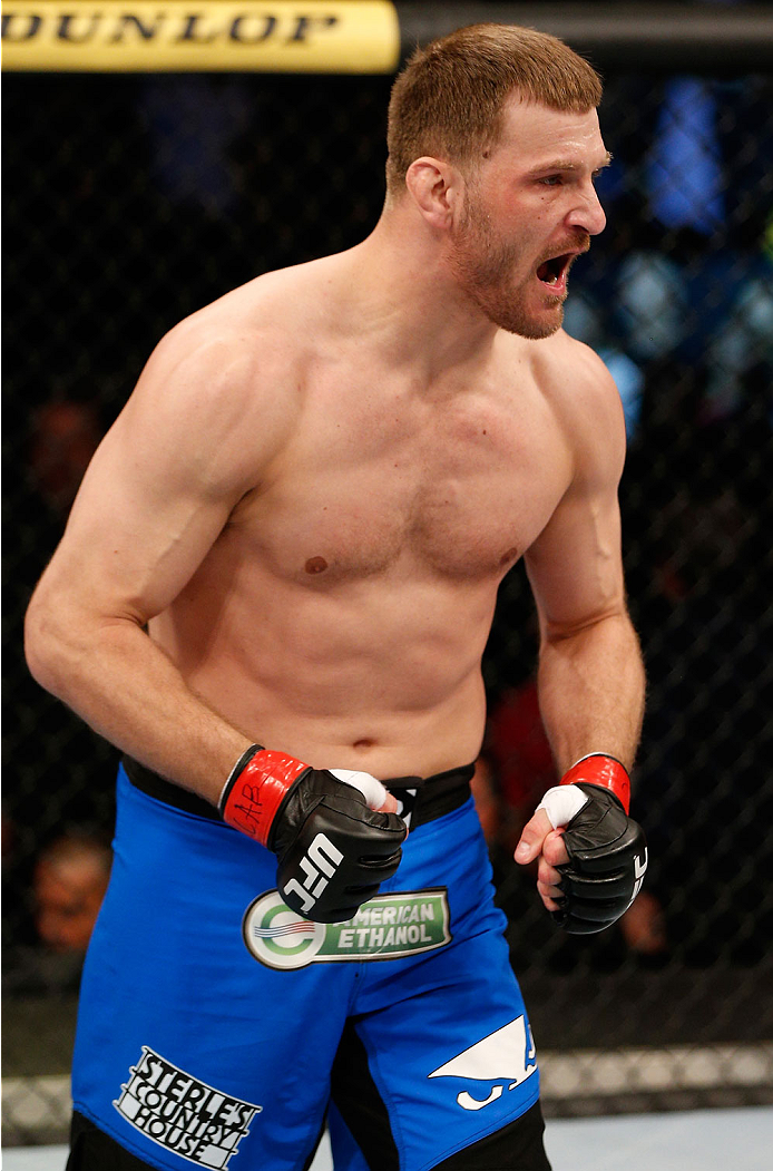 SAO PAULO, BRAZIL - MAY 31: Stipe Miocic reacts after his knockout victory over Fabio Maldonado in their heavyweight fight during the UFC Fight Night event at the Ginasio do Ibirapuera on May 31, 2014 in Sao Paulo, Brazil. (Photo by Josh Hedges/Zuffa LLC/