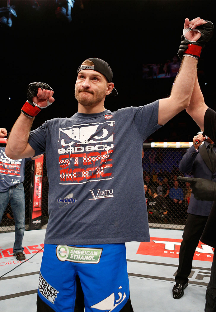 SAO PAULO, BRAZIL - MAY 31:  Stipe Miocic reacts after his knockout victory over Fabio Maldonado in their heavyweight fight during the UFC Fight Night event at the Ginasio do Ibirapuera on May 31, 2014 in Sao Paulo, Brazil. (Photo by Josh Hedges/Zuffa LLC