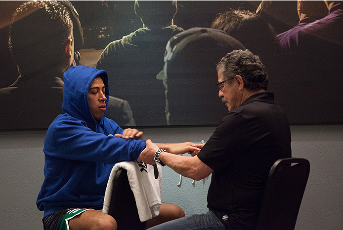 LAS VEGAS, NV - MARCH 27: Danny Salas gets his hands wrapped before facing Horacio Gutierrez during the filming of The Ultimate Fighter Latin America: Team Gastelum vs Team Escudero on March 27, 2015 in Las Vegas, Nevada. (Photo by Brandon Magnus/Zuffa