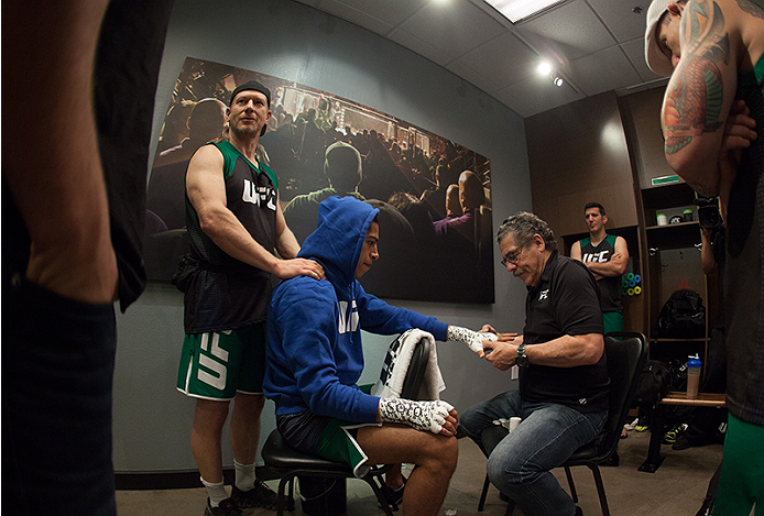 LAS VEGAS, NV - MARCH 27:  Danny Salas gets his hands wrapped before facing Horacio Gutierrez during the filming of The Ultimate Fighter Latin America: Team Gastelum vs Team Escudero  on March 27, 2015 in Las Vegas, Nevada. (Photo by Brandon Magnus/Zuffa 