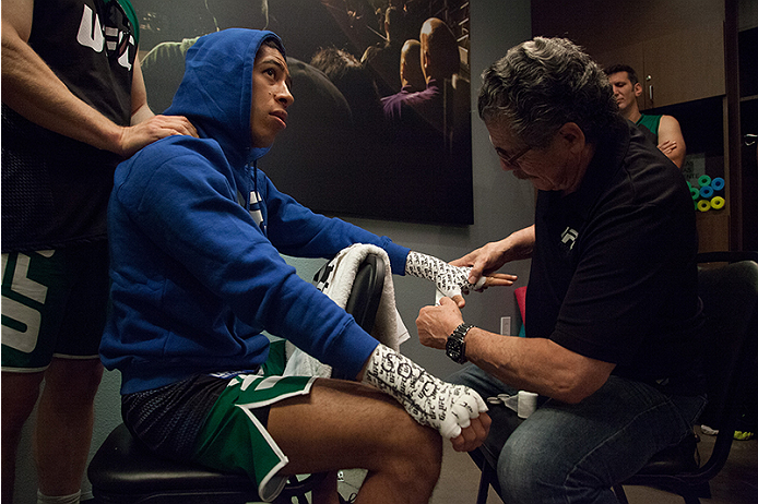 LAS VEGAS, NV - MARCH 27: Danny Salas gets his hands wrapped before facing Horacio Gutierrez during the filming of The Ultimate Fighter Latin America: Team Gastelum vs Team Escudero on March 27, 2015 in Las Vegas, Nevada. (Photo by Brandon Magnus/Zuffa