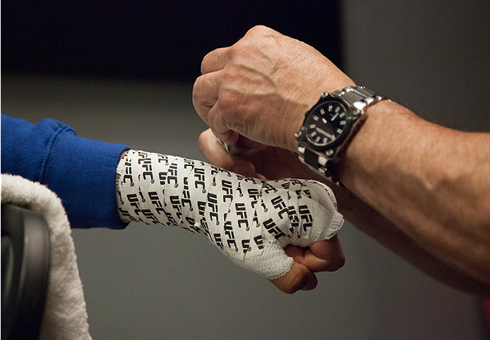 LAS VEGAS, NV - MARCH 27: Danny Salas gets his hands wrapped before facing Horacio Gutierrez during the filming of The Ultimate Fighter Latin America: Team Gastelum vs Team Escudero on March 27, 2015 in Las Vegas, Nevada. (Photo by Brandon Magnus/Zuffa