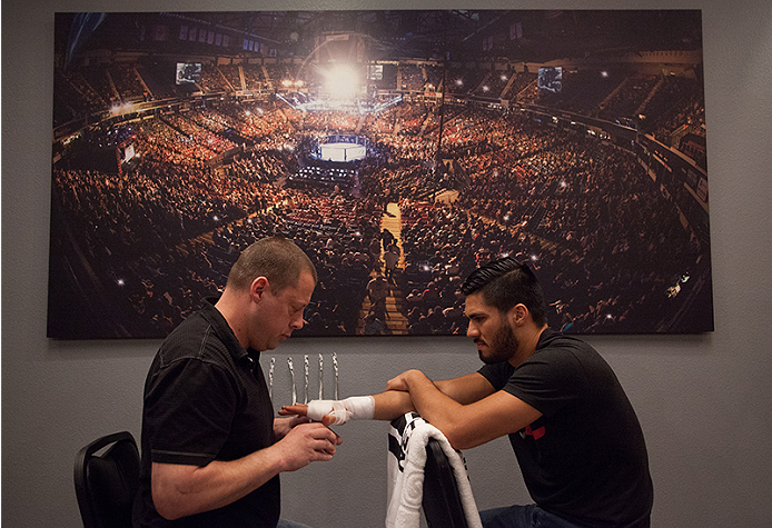 LAS VEGAS, NV - MARCH 27: Horacio Gutierrez gets his hands wrapped before facing Danny Salas during the filming of The Ultimate Fighter Latin America: Team Gastelum vs Team Escudero on March 27, 2015 in Las Vegas, Nevada. (Photo by Brandon Magnus/Zuffa