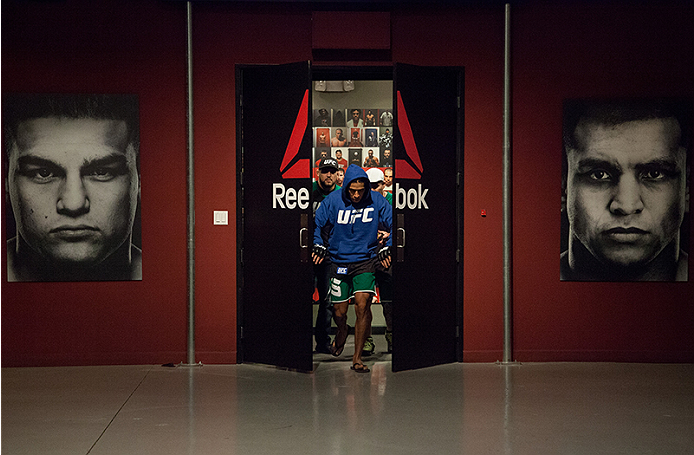 LAS VEGAS, NV - MARCH 27: Danny Salas prepares to enter the Octagon before facing Horacio Gutierrez during the filming of The Ultimate Fighter Latin America: Team Gastelum vs Team Escudero on March 27, 2015 in Las Vegas, Nevada. (Photo by Brandon Magnus