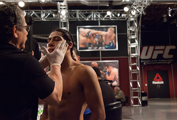 LAS VEGAS, NV - MARCH 27: Danny Salas prepares to enter the Octagon before facing Horacio Gutierrez during the filming of The Ultimate Fighter Latin America: Team Gastelum vs Team Escudero on March 27, 2015 in Las Vegas, Nevada. (Photo by Brandon Magnus