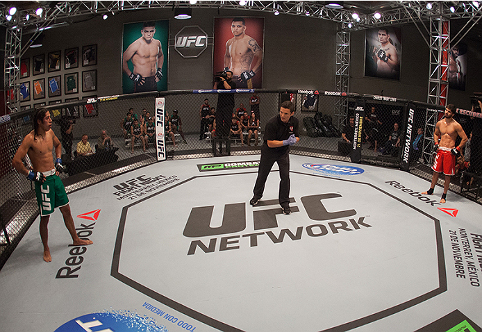 LAS VEGAS, NV - MARCH 27:  (R-L) Horacio Gutierrez and Danny Salas prepare for the round to begin during the filming of The Ultimate Fighter Latin America: Team Gastelum vs Team Escudero  on March 27, 2015 in Las Vegas, Nevada. (Photo by Brandon Magnus/Zu