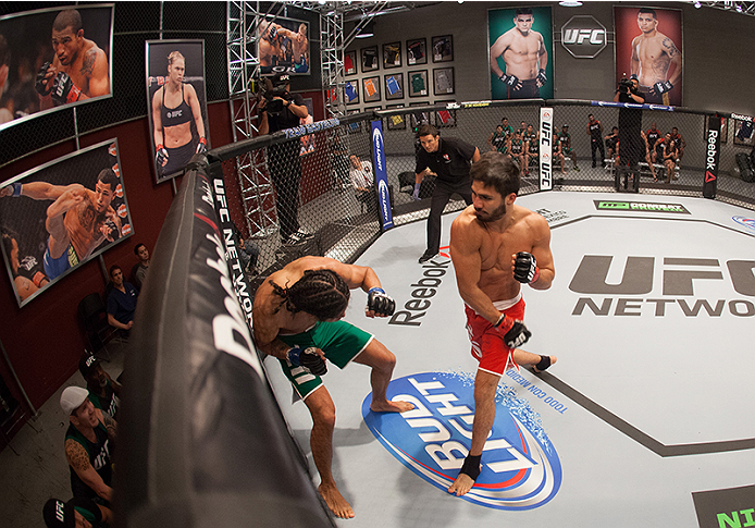 LAS VEGAS, NV - MARCH 27:  (R-L)Horacio Gutierrez punches Danny Salas during the filming of The Ultimate Fighter Latin America: Team Gastelum vs Team Escudero  on March 27, 2015 in Las Vegas, Nevada. (Photo by Brandon Magnus/Zuffa LLC/Zuffa LLC via Getty 