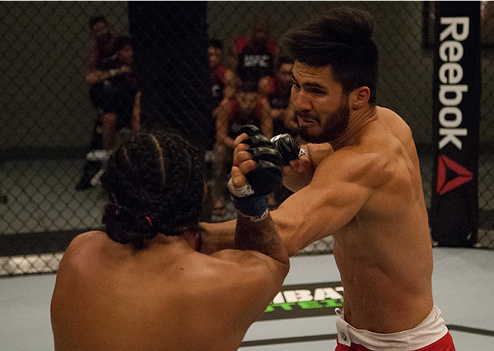 LAS VEGAS, NV - MARCH 27:  (R-L) Horacio Gutierrez punches Danny Salas during the filming of The Ultimate Fighter Latin America: Team Gastelum vs Team Escudero  on March 27, 2015 in Las Vegas, Nevada. (Photo by Brandon Magnus/Zuffa LLC/Zuffa LLC via Getty