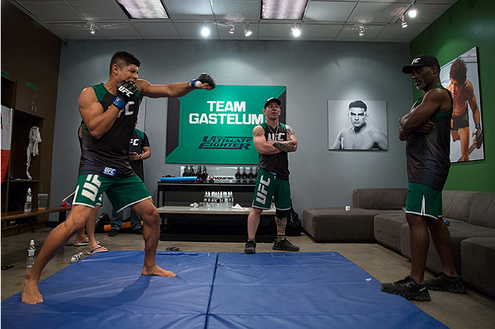 LAS VEGAS, NV - APRIL 10: Hector Aldana warms up before facing Alvaro Herrera during the filming of The Ultimate Fighter Latin America: Team Gastelum vs Team Escudero on April 10, 2015 in Las Vegas, Nevada. (Photo by Brandon Magnus/Zuffa LLC/Zuffa LLC v
