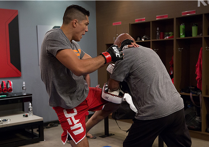 LAS VEGAS, NV - APRIL 10: Alvaro Herrera warms up before facing Hector Aldana during the filming of The Ultimate Fighter Latin America: Team Gastelum vs Team Escudero on April 10, 2015 in Las Vegas, Nevada. (Photo by Brandon Magnus/Zuffa LLC/Zuffa LLC v
