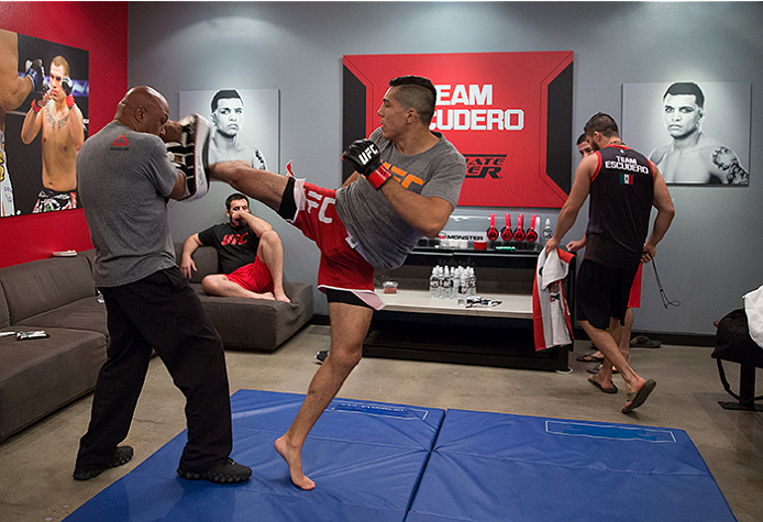 LAS VEGAS, NV - APRIL 10: Alvaro Herrera warms up before facing Hector Aldana during the filming of The Ultimate Fighter Latin America: Team Gastelum vs Team Escudero on April 10, 2015 in Las Vegas, Nevada. (Photo by Brandon Magnus/Zuffa LLC/Zuffa LLC v