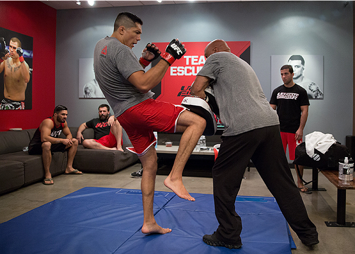 LAS VEGAS, NV - APRIL 10: Alvaro Herrera warms up before facing Hector Aldana during the filming of The Ultimate Fighter Latin America: Team Gastelum vs Team Escudero on April 10, 2015 in Las Vegas, Nevada. (Photo by Brandon Magnus/Zuffa LLC/Zuffa LLC v