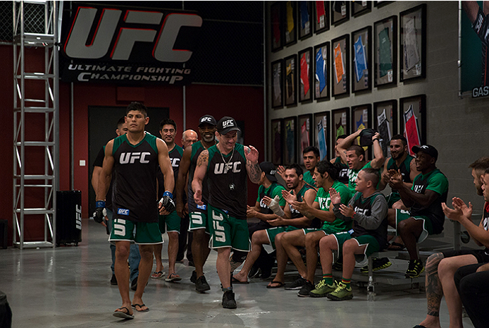 LAS VEGAS, NV - APRIL 10: Hector Aldana prepares to enter the Octagon before facing Alvaro Herrera during the filming of The Ultimate Fighter Latin America: Team Gastelum vs Team Escudero on April 10, 2015 in Las Vegas, Nevada. (Photo by Brandon Magnus/