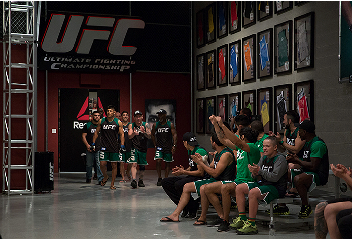 LAS VEGAS, NV - APRIL 10: Hector Aldana prepares to enter the Octagon before facing Alvaro Herrera during the filming of The Ultimate Fighter Latin America: Team Gastelum vs Team Escudero on April 10, 2015 in Las Vegas, Nevada. (Photo by Brandon Magnus/