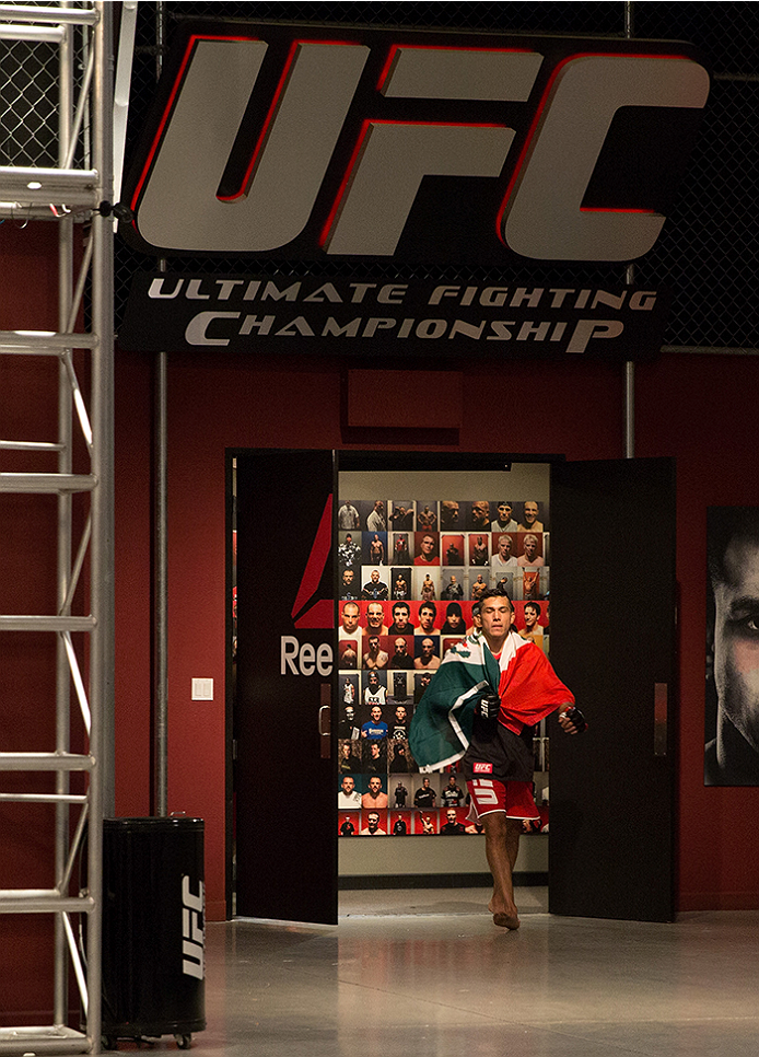 LAS VEGAS, NV - APRIL 10: Alvaro Herrera prepares to enter the Octagon before facing Hector Aldana during the filming of The Ultimate Fighter Latin America: Team Gastelum vs Team Escudero on April 10, 2015 in Las Vegas, Nevada. (Photo by Brandon Magnus/