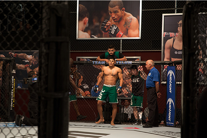 LAS VEGAS, NV - APRIL 10: Hector Aldana enters the Octagon before facing Alvaro Herrera during the filming of The Ultimate Fighter Latin America: Team Gastelum vs Team Escudero on April 10, 2015 in Las Vegas, Nevada. (Photo by Brandon Magnus/Zuffa LLC/Z