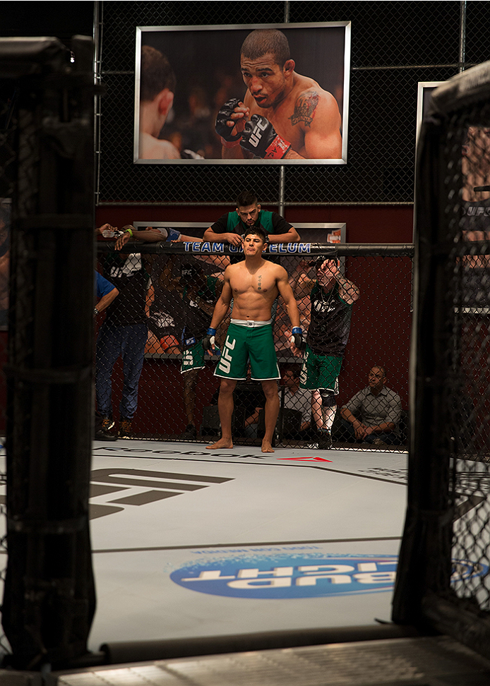 LAS VEGAS, NV - APRIL 10: Hector Aldana enters the Octagon before facing Alvaro Herrera during the filming of The Ultimate Fighter Latin America: Team Gastelum vs Team Escudero on April 10, 2015 in Las Vegas, Nevada. (Photo by Brandon Magnus/Zuffa LLC/Z