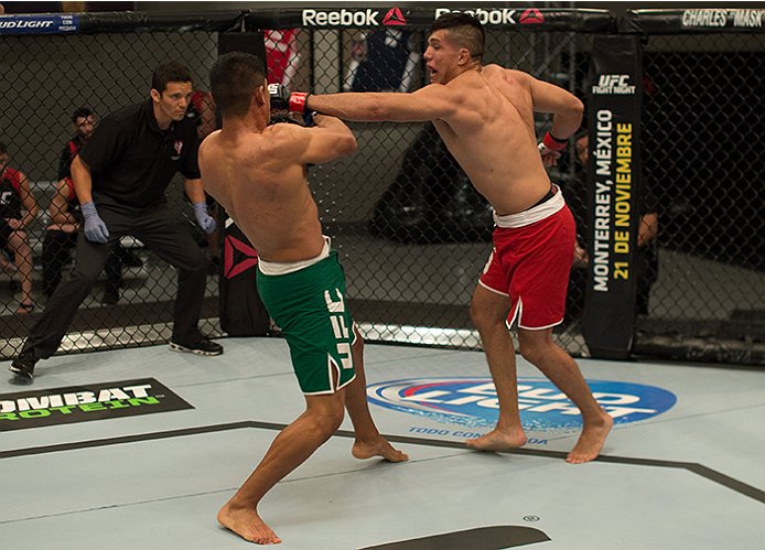 LAS VEGAS, NV - APRIL 10: (R-L) Alvaro Herrera punches Hector Aldana during the filming of The Ultimate Fighter Latin America: Team Gastelum vs Team Escudero on April 10, 2015 in Las Vegas, Nevada. (Photo by Brandon Magnus/Zuffa LLC/Zuffa LLC via Getty