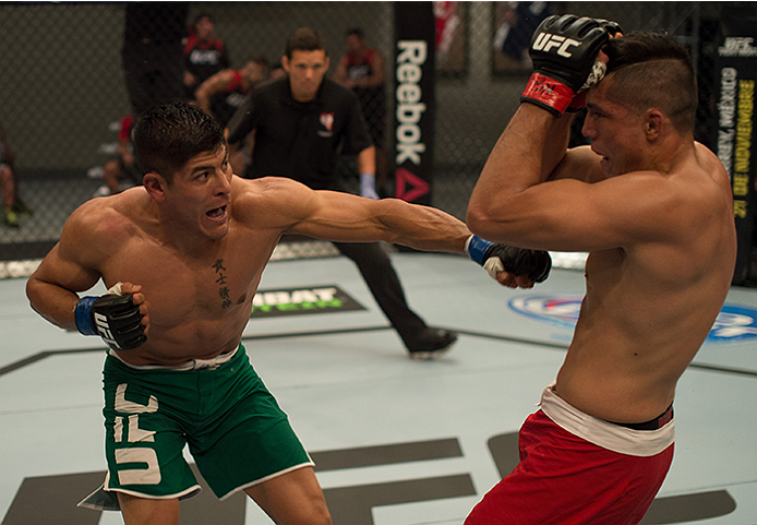 LAS VEGAS, NV - APRIL 10: (L-R) Hector Aldana punches Alvaro Herrera during the filming of The Ultimate Fighter Latin America: Team Gastelum vs Team Escudero on April 10, 2015 in Las Vegas, Nevada. (Photo by Brandon Magnus/Zuffa LLC/Zuffa LLC via Getty