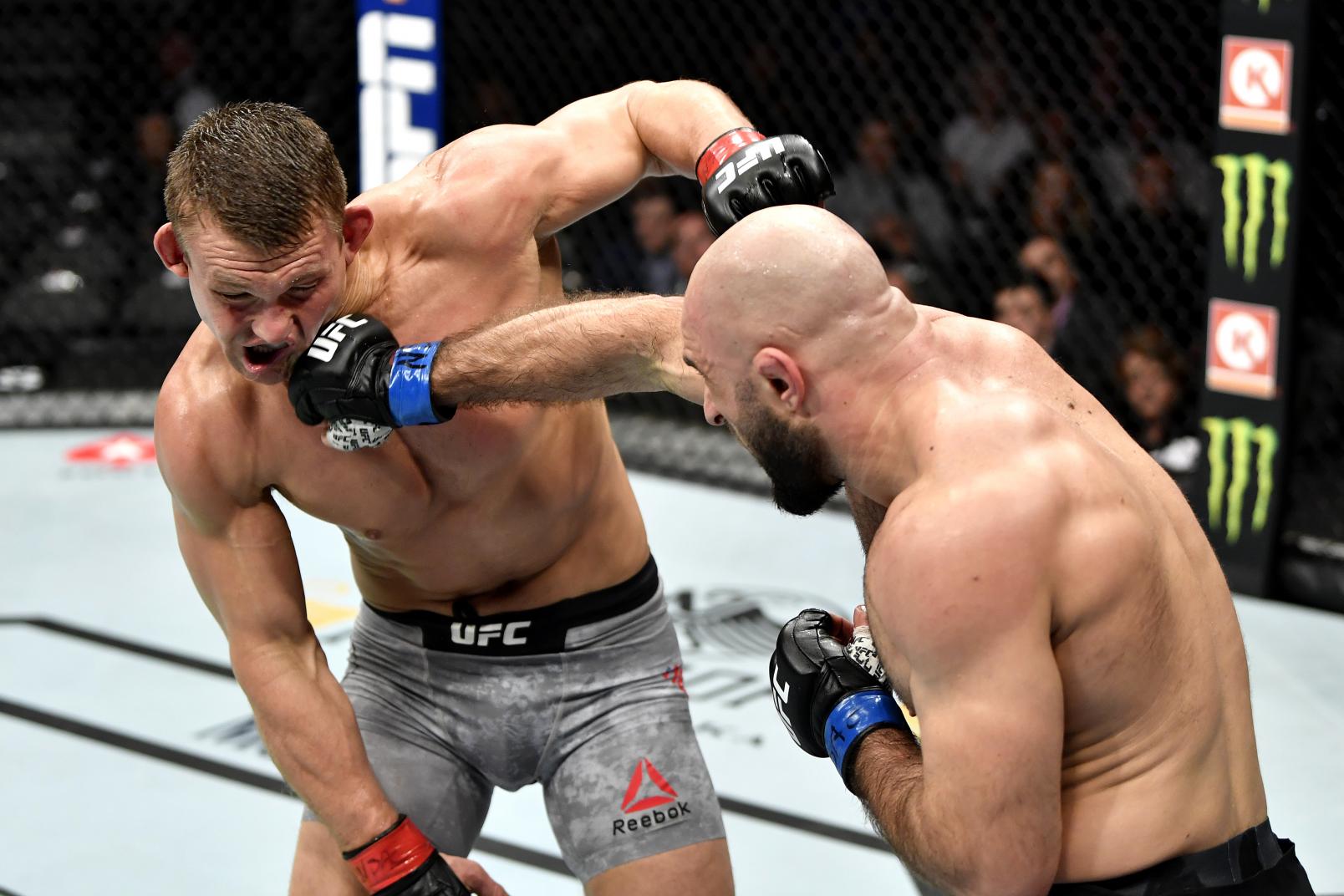 Omari Akhmedov of Russia punches Ian Heinisch in their middleweight bout during the UFC 245.