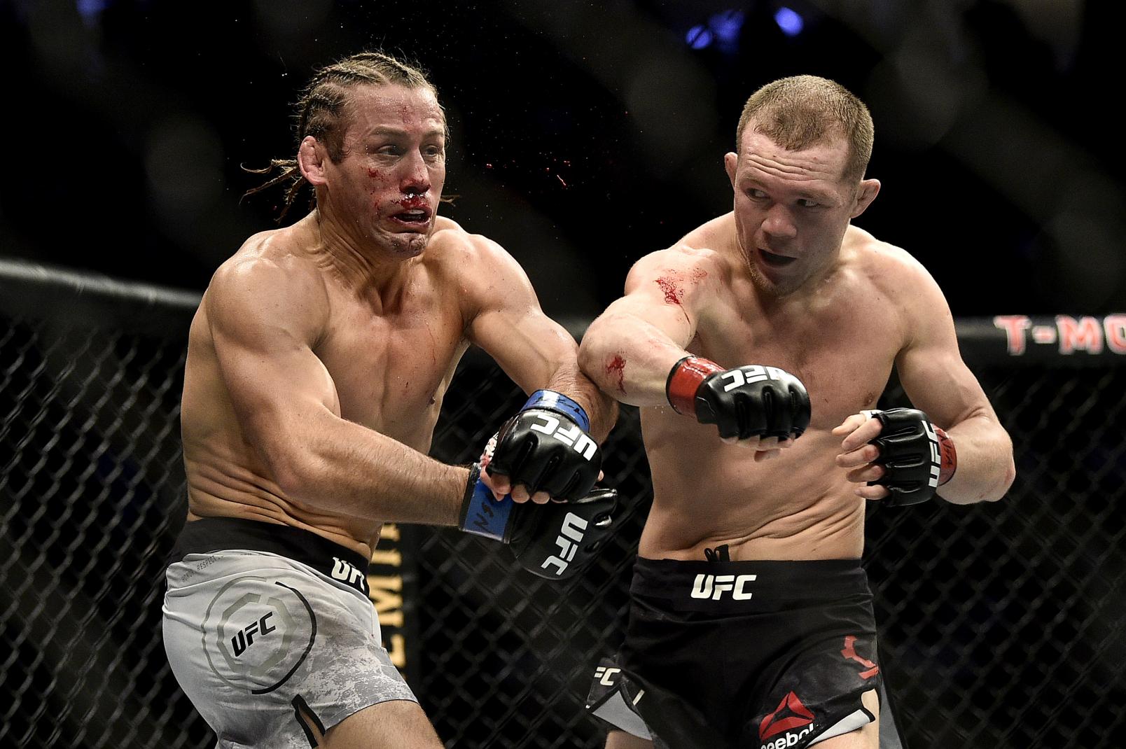 Petr Yan of Russia strikes Urijah Faber in their bantamweight bout during the UFC 245