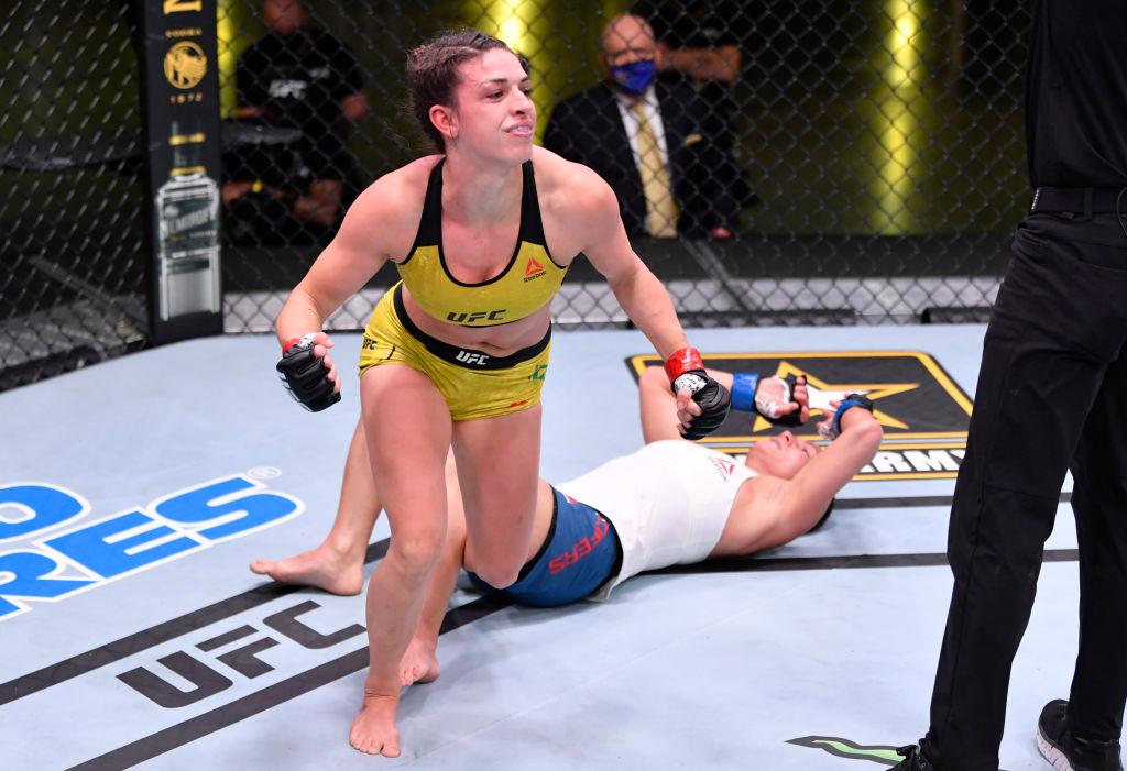 Mackenzie Dern celebrates after her submission victory over Hannah Cifers in their strawweight fight during the UFC Fight Night event at UFC APEX on May 30, 2020 in Las Vegas, Nevada. (Photo by Jeff Bottari/Zuffa LLC)