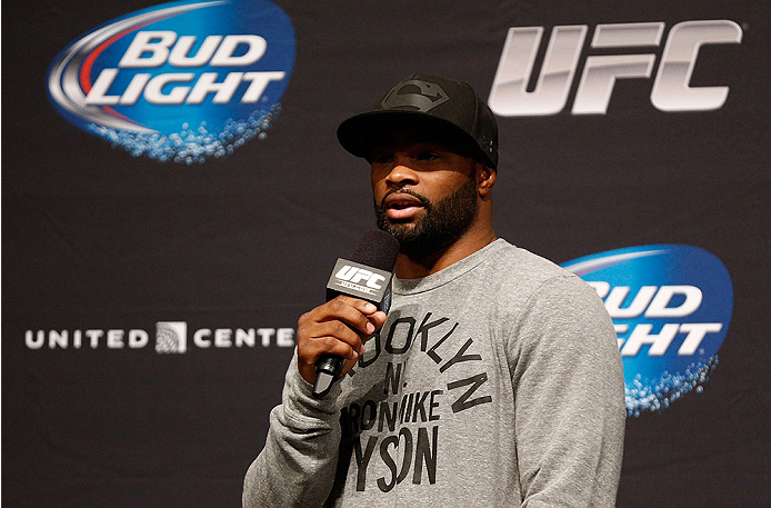 CHICAGO, IL - JANUARY 24: UFC welterweight contender Tyron Woodley interacts with fans during a Q&A session before the UFC weigh-in event at the Chicago Theatre on January 24, 2014 in Chicago, Illinois. (Photo by Josh Hedges/Zuffa LLC/Zuffa LLC via Getty