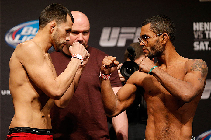 CHICAGO, IL - JANUARY 24: (L-R) Opponents Junior Hernandez and Hugo "Wolverine" Viana face off during the UFC weigh-in event at the Chicago Theatre on January 24, 2014 in Chicago, Illinois. (Photo by Josh Hedges/Zuffa LLC/Zuffa LLC via Getty Images)