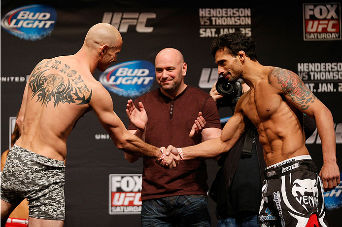CHICAGO, IL - JANUARY 24: (L-R) Opponents Donald "Cowboy" Cerrone and Adriano Martins shake hands during the UFC weigh-in event at the Chicago Theatre on January 24, 2014 in Chicago, Illinois. (Photo by Josh Hedges/Zuffa LLC/Zuffa LLC via Getty Images)