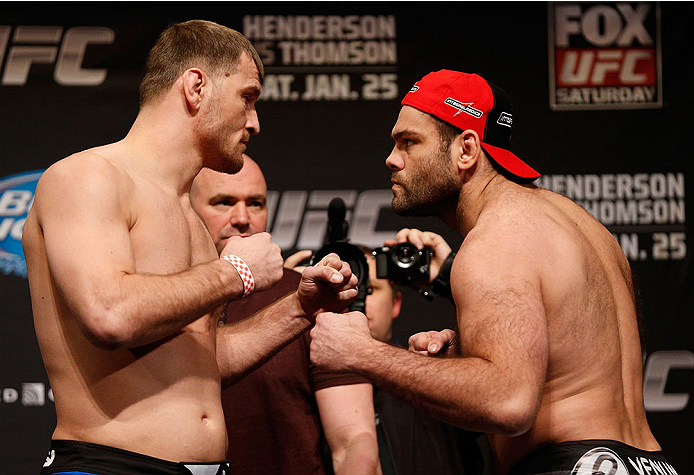 CHICAGO, IL - JANUARY 24: (L-R) Opponents Stipe Miocic and Gabriel Gonzaga face off during the UFC weigh-in event at the Chicago Theatre on January 24, 2014 in Chicago, Illinois. (Photo by Josh Hedges/Zuffa LLC/Zuffa LLC via Getty Images)