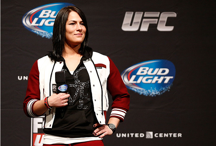 CHICAGO, IL - JANUARY 24: UFC women's bantamweight contender Jessica Eye interacts with fans during a Q&A session before the UFC weigh-in event at the Chicago Theatre on January 24, 2014 in Chicago, Illinois. (Photo by Josh Hedges/Zuffa LLC/Zuffa LLC via