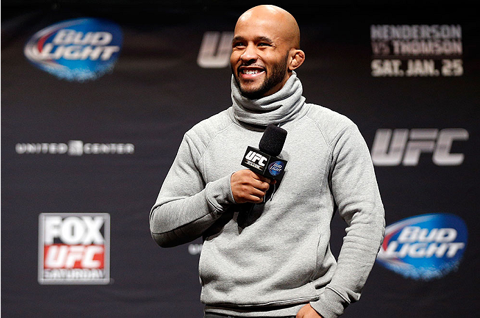 CHICAGO, IL - JANUARY 24: UFC flyweight champion Demetrious "Mighty Mouse" Johnson interacts with fans during a Q&A session before the UFC weigh-in event at the Chicago Theatre on January 24, 2014 in Chicago, Illinois. (Photo by Josh Hedges/Zuffa LLC/Zuf