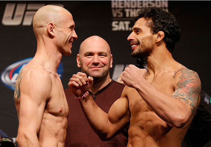 CHICAGO, IL - JANUARY 24: (L-R) Opponents Donald "Cowboy" Cerrone and Adriano Martins face off during the UFC weigh-in event at the Chicago Theatre on January 24, 2014 in Chicago, Illinois. (Photo by Josh Hedges/Zuffa LLC/Zuffa LLC via Getty Images)