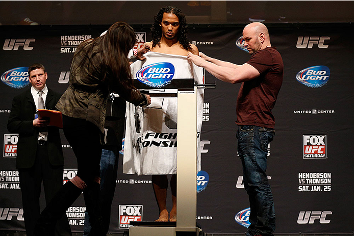 CHICAGO, IL - JANUARY 24: Benson Henderson weighs in during the UFC weigh-in event at the Chicago Theatre on January 24, 2014 in Chicago, Illinois. (Photo by Josh Hedges/Zuffa LLC/Zuffa LLC via Getty Images)