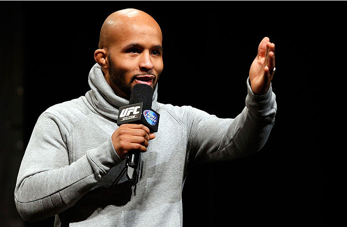CHICAGO, IL - JANUARY 24: UFC flyweight champion Demetrious "Mighty Mouse" Johnson interacts with fans during a Q&A session before the UFC weigh-in event at the Chicago Theatre on January 24, 2014 in Chicago, Illinois. (Photo by Josh Hedges/Zuffa LLC/Zuf