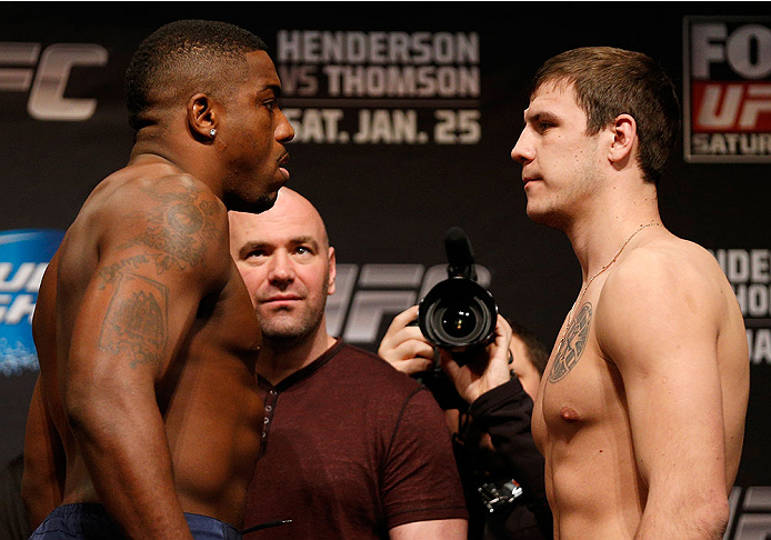 CHICAGO, IL - JANUARY 24: (L-R) Opponents Walt Harris and Nikita Krylov face off during the UFC weigh-in event at the Chicago Theatre on January 24, 2014 in Chicago, Illinois. (Photo by Josh Hedges/Zuffa LLC/Zuffa LLC via Getty Images)
