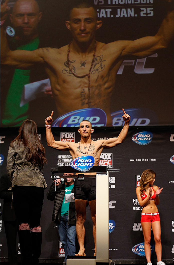 CHICAGO, IL - JANUARY 24: Yaotzin Meza weighs in during the UFC weigh-in event at the Chicago Theatre on January 24, 2014 in Chicago, Illinois. (Photo by Josh Hedges/Zuffa LLC/Zuffa LLC via Getty Images)
