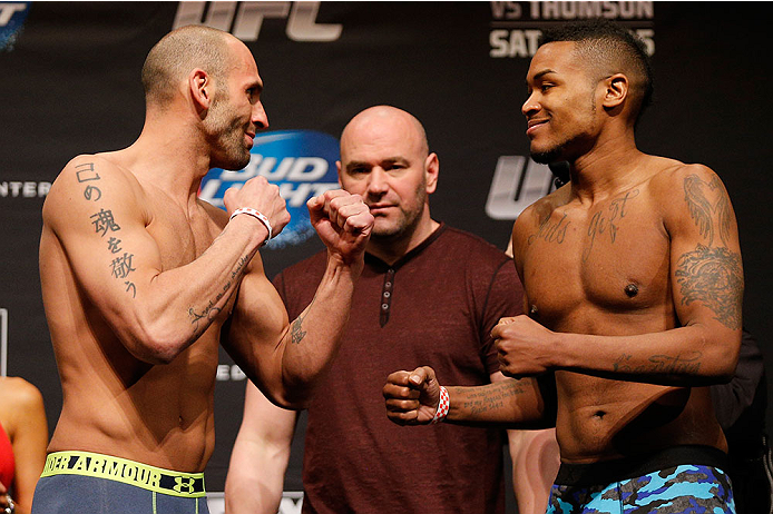 CHICAGO, IL - JANUARY 24: (L-R) Opponents George Sullivan and Mike Rhodes face off during the UFC weigh-in event at the Chicago Theatre on January 24, 2014 in Chicago, Illinois. (Photo by Josh Hedges/Zuffa LLC/Zuffa LLC via Getty Images)