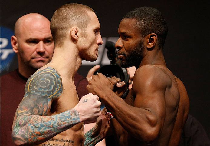 CHICAGO, IL - JANUARY 24: (L-R) Opponents Eddie Wineland and Yves Jabouin weighs in during the UFC weigh-in event at the Chicago Theatre on January 24, 2014 in Chicago, Illinois. (Photo by Josh Hedges/Zuffa LLC/Zuffa LLC via Getty Images)