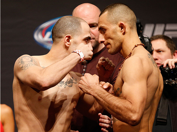 CHICAGO, IL - JANUARY 24: (L-R) Opponents Chico Camus and Yaotzin Meza face off during the UFC weigh-in event at the Chicago Theatre on January 24, 2014 in Chicago, Illinois. (Photo by Josh Hedges/Zuffa LLC/Zuffa LLC via Getty Images)
