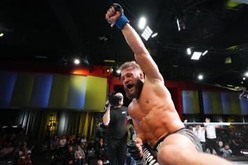 Rafael Fiziev of Kazakstan celebrates after his knockout victory over Rafael Dos Anjos of Brazil in their lightweight fight during the UFC Fight Night event at UFC APEX on July 09, 2022 in Las Vegas, Nevada. (Photo by Chris Unger/Zuffa LLC)