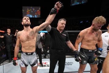 Nikita Krylov of Ukraine reacts after his TKO victory over Alexander Gustafsson of Sweden in a light heavyweight fight during the UFC Fight Night event at O2 Arena