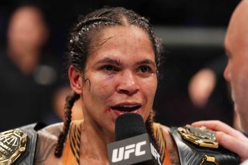 Amanda Nunes is interviewed after defeating Julianna Pena in the UFC bantamweight championship fight during the UFC 277 event