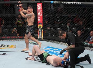 Ricky Simon reacts after his submission victory over Jack Shore of Wales in a bantamweight fight during the UFC Fight Night event at UBS Arena on July 16, 2022 in Elmont, New York. (Photo by Jeff Bottari/Zuffa LLC)