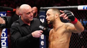 Frankie Edgar is interviewed by Joe Rogan after his loss to Chris Gutierrez in a bantamweight bout during the UFC 281 event at Madison Square Garden on November 12, 2022 in New York City. (Photo by Jeff Bottari/Zuffa LLC)