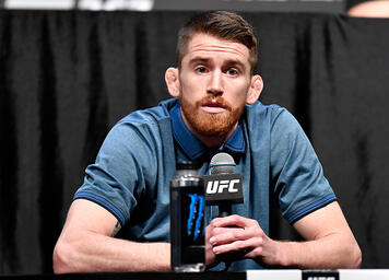 Cory Sandhagen interacts with media during the UFC 267 press conference at Etihad Arena on October 28, 2021 in Abu Dhabi, United Arab Emirates. (Photo by Chris Unger/Zuffa LLC)